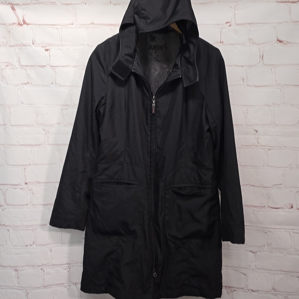 Guess Waterproof Rain Jacket Hoodie Vel-cro Neck Double Zipper Womens Size Small
